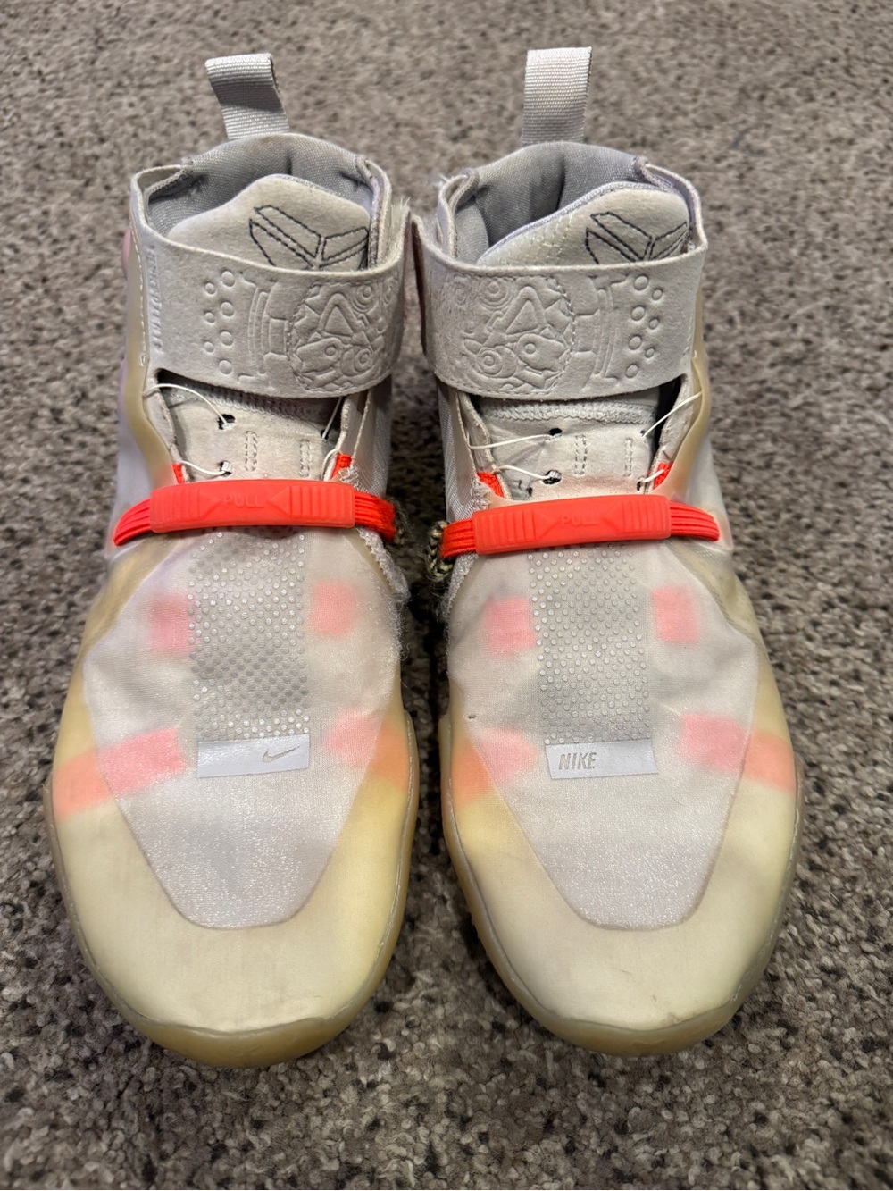 Nike Light Gray High-Top Sneakers with Neon Orange Strap and Pink Highlights